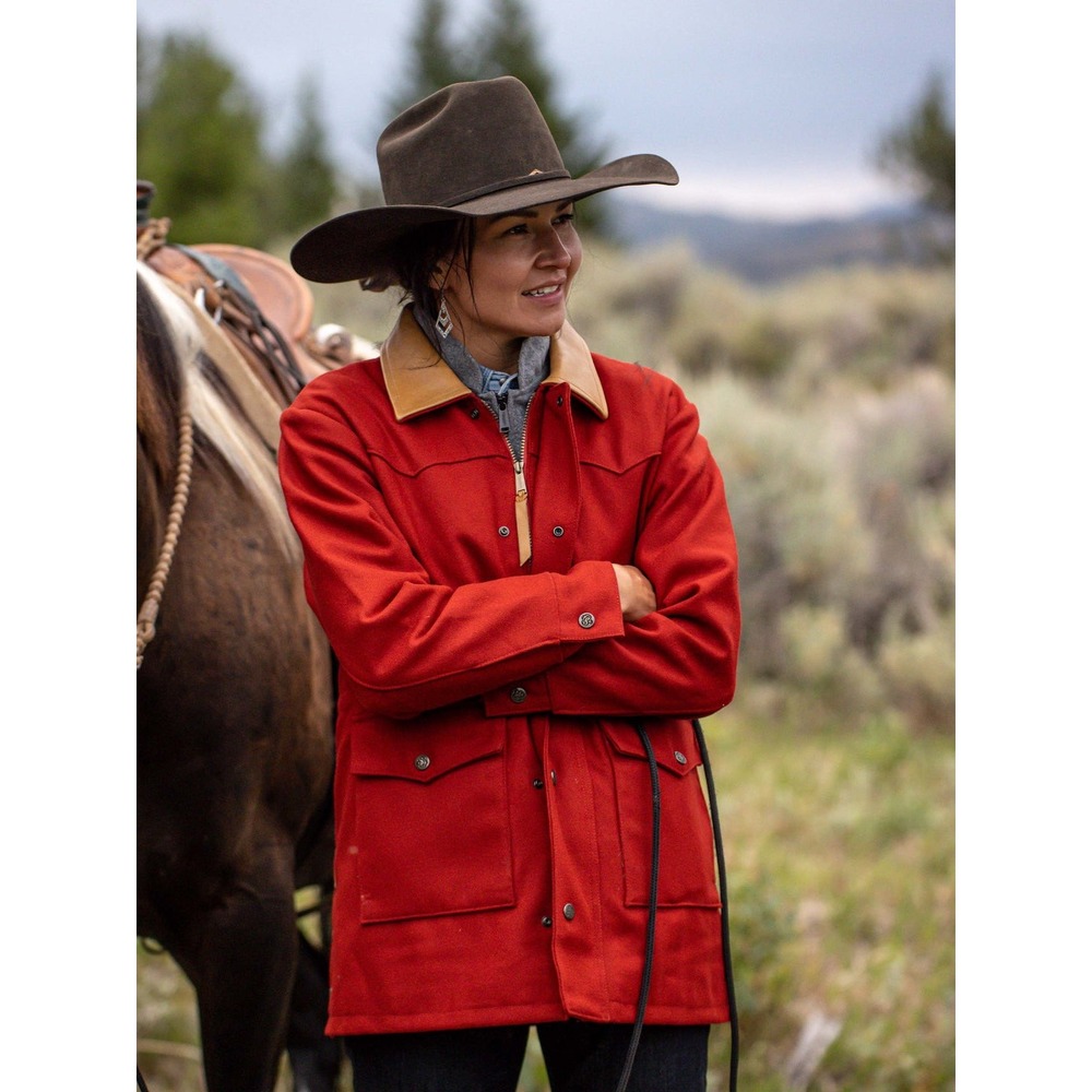 Schaefer Outfitter Womens Wool Big Country Rancher Coat Red Leather Collar XL‎
